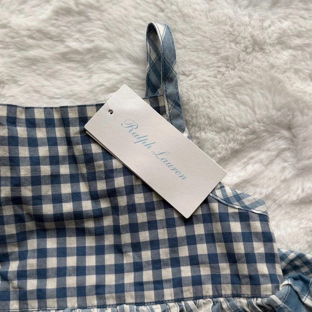 NWT Ralph Lauren Baby Gingham Madras Tiered Ruffle Cotton Dress BlueWhite 24 mos